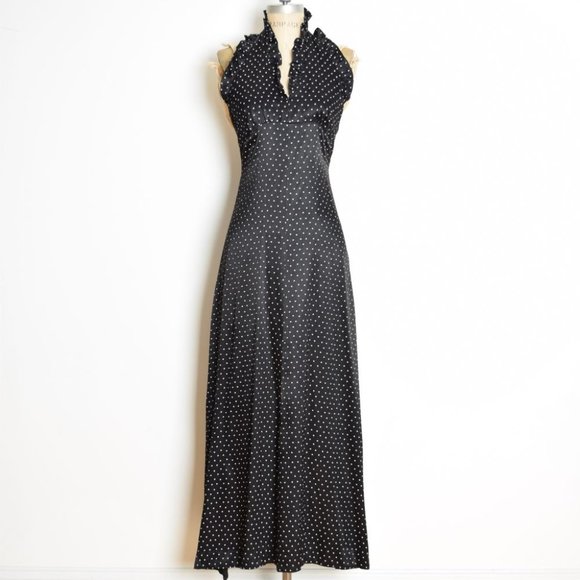 vintage 70s dress black satin STAR print ruffle long maxi prom party disco XS S - Picture 2 of 9